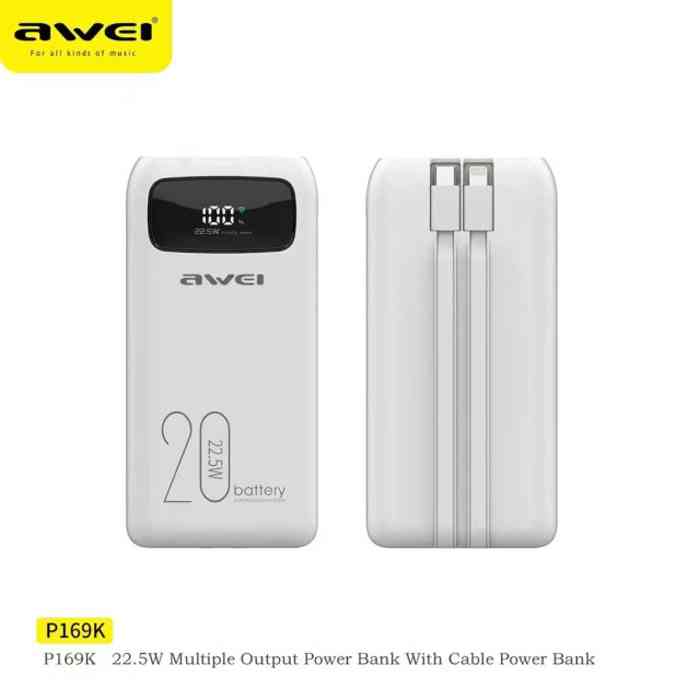 Awei P169K 20000mAh Power Bank 22.5W Dual Input Dual Output with Built-in Cable